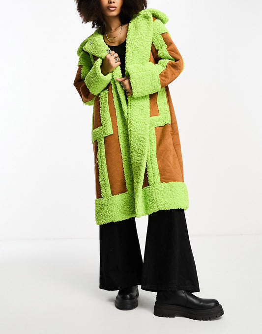 Annorlunda shiny faux shearling edged coat in ginger and lime