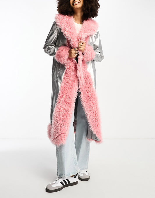 Annorlunda metallic faux shearling edged coat in silver and pink