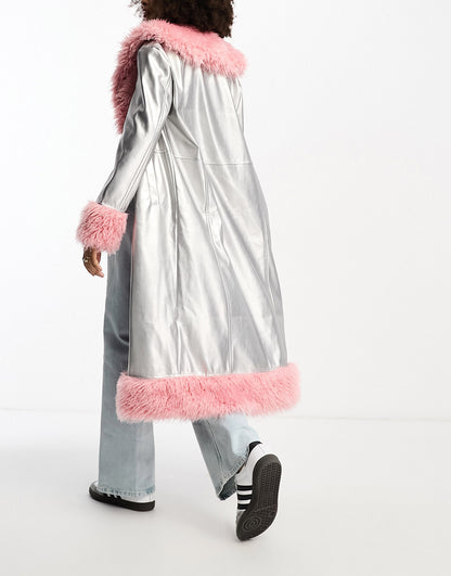 Annorlunda metallic faux shearling edged coat in silver and pink