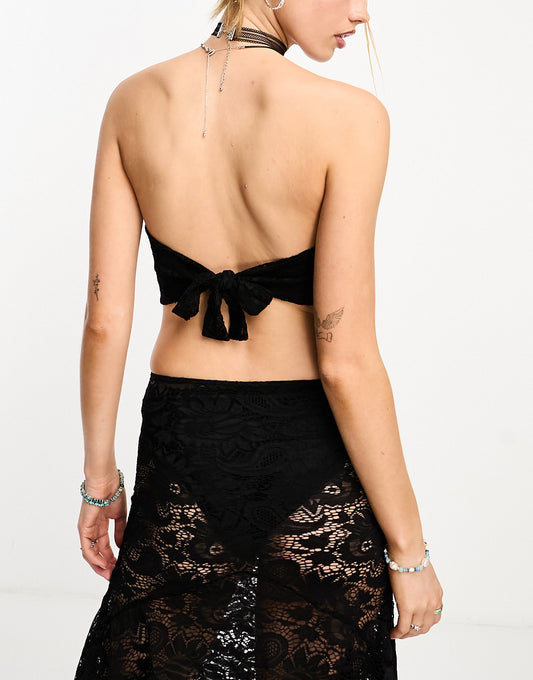 Motel handkerchief lace crop top co-ord in black