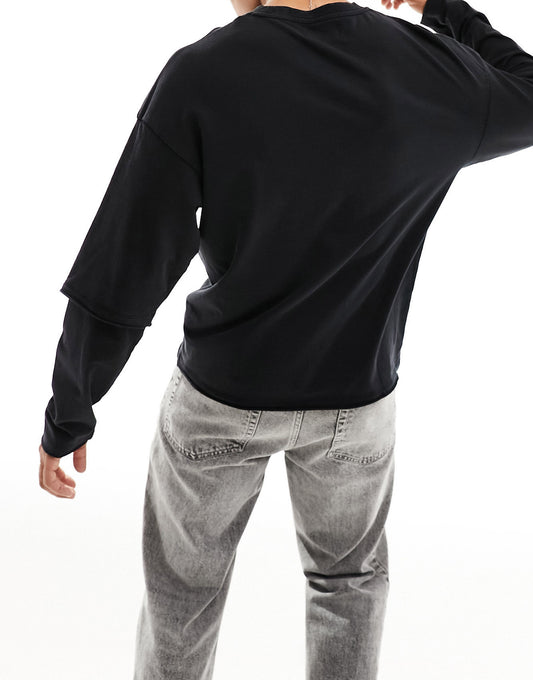 ADPT oversized double layer sleeve t-shirt in washed black