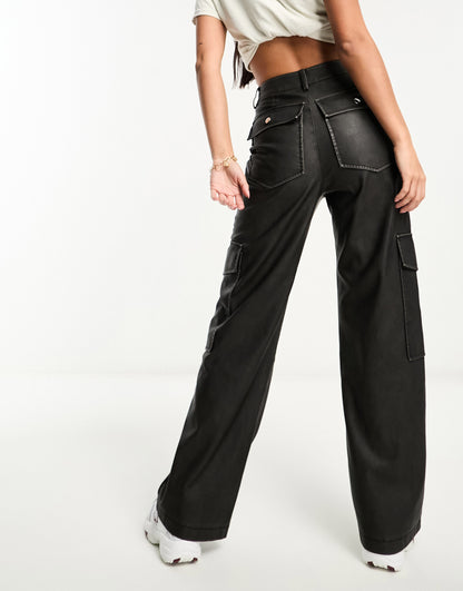 Miss Selfridge faux leather washed cargo wide leg trouser in black