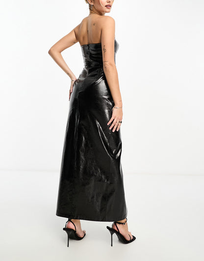 Miss Selfridge vinyl faux leather bandeau maxi dress in black