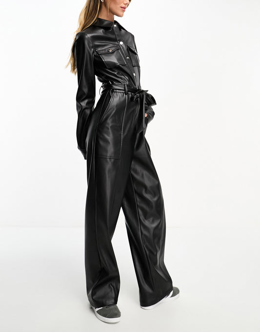 Miss Selfridge faux leather utility boilersuit in black