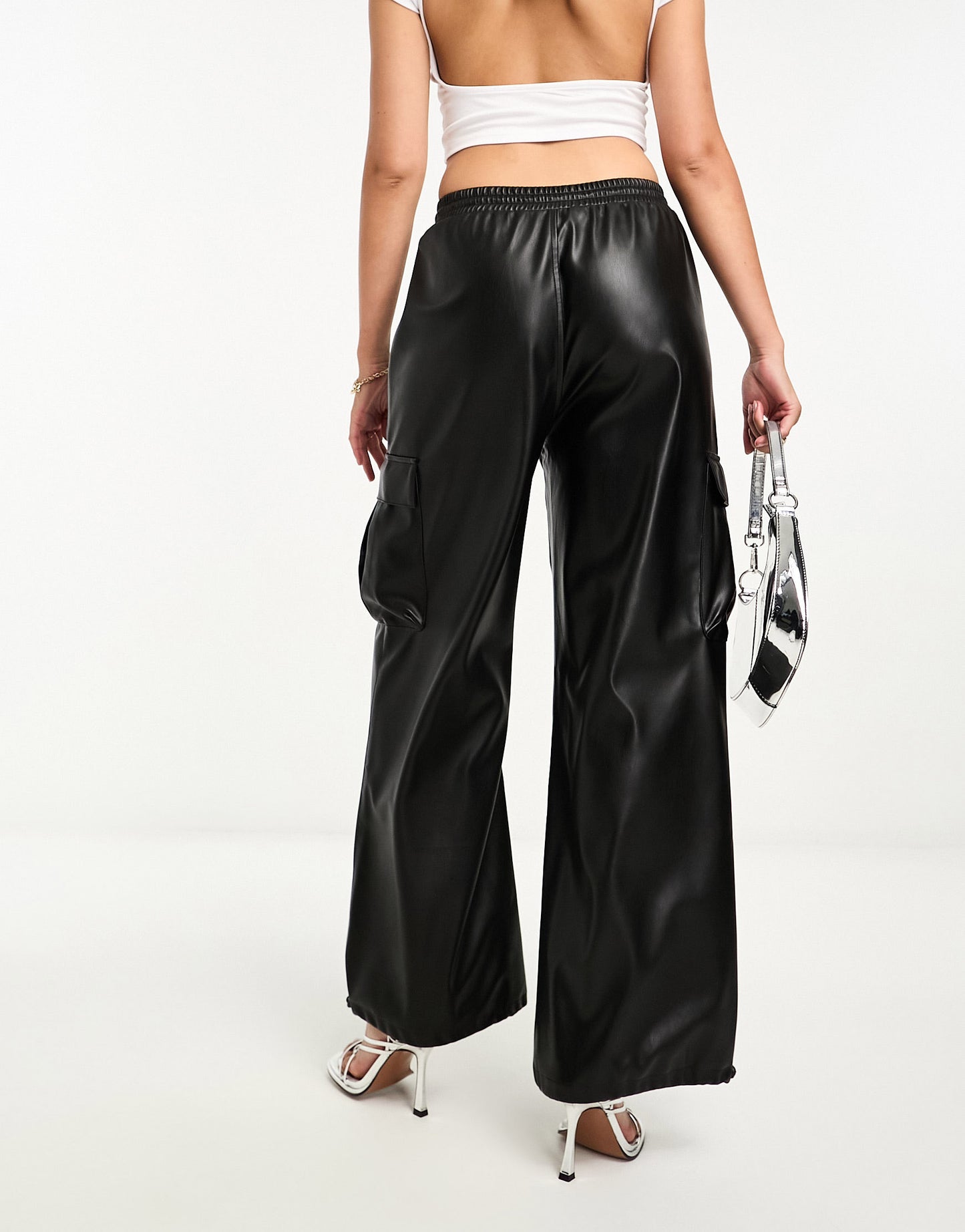 Miss Selfridge faux leather baggy cargo trouser in black