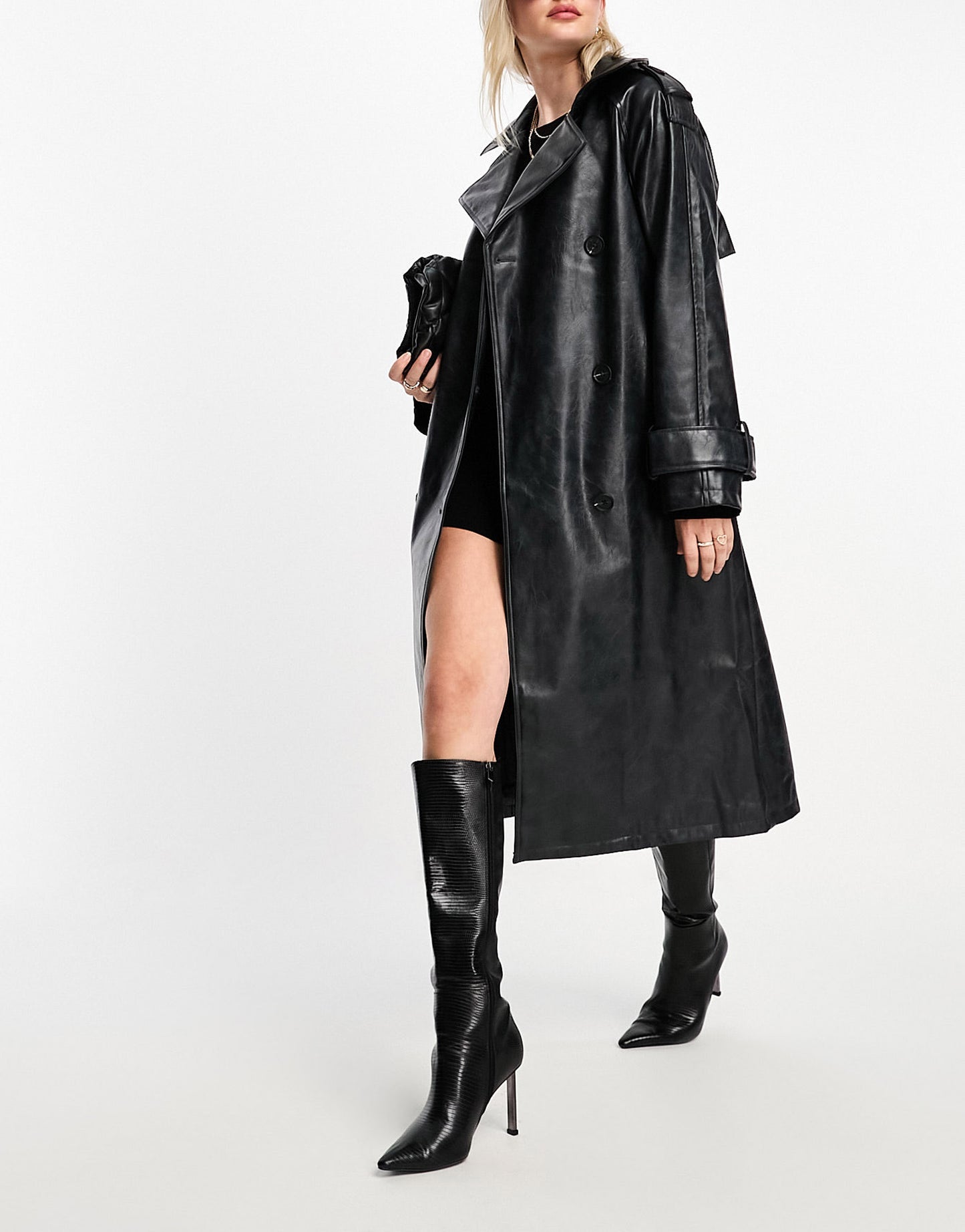 ASOS DESIGN washed faux leather trench coat in charcoal