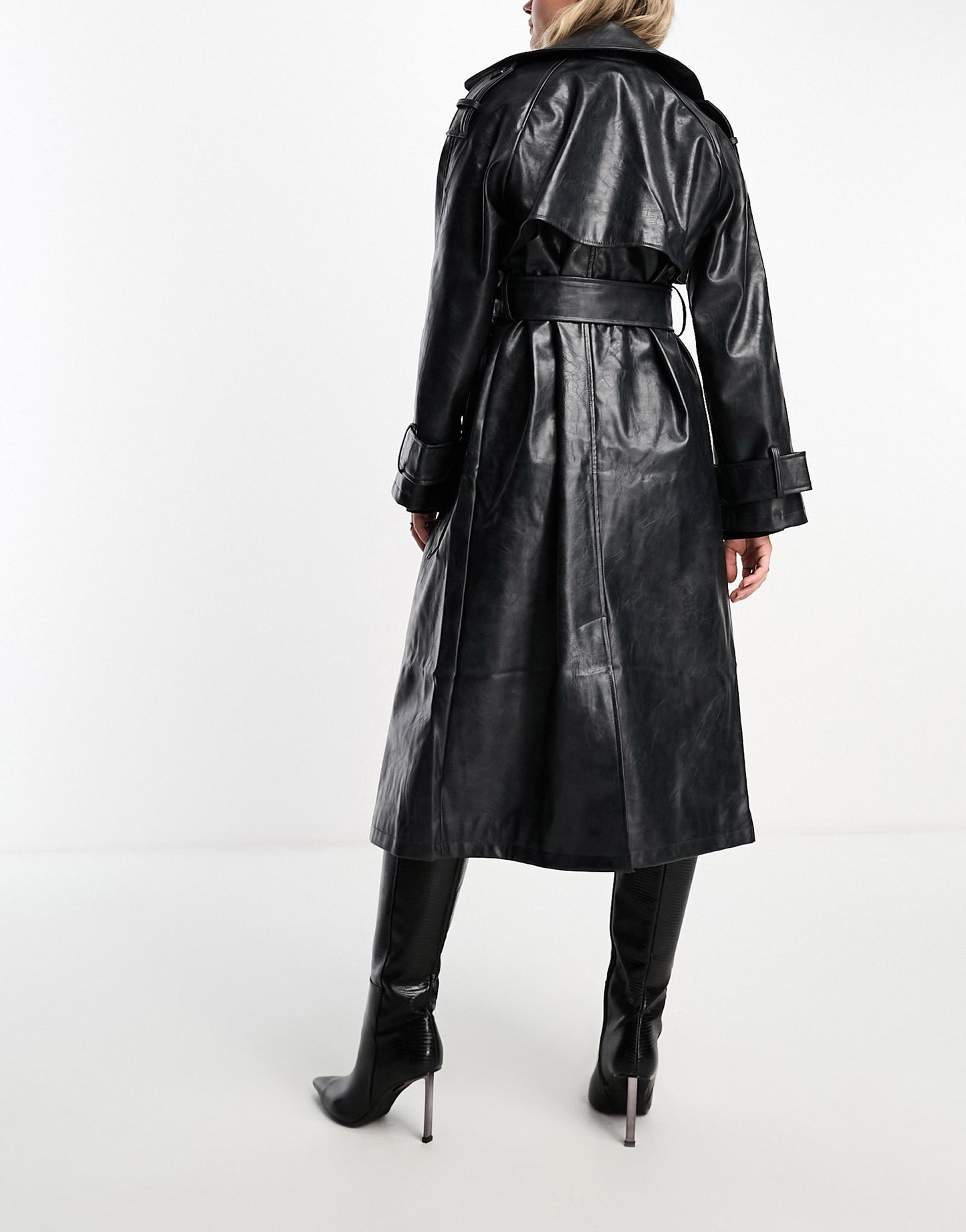 ASOS DESIGN washed faux leather trench coat in charcoal