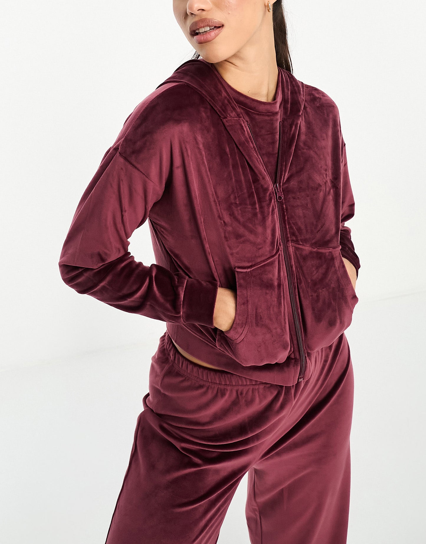 Loungeable velour zip cropped lounge hoodie in berry