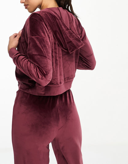 Loungeable velour zip cropped lounge hoodie in berry