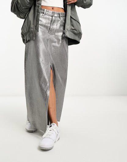 Pull&Bear metallic denim midi skirt with split front co-ord in silver