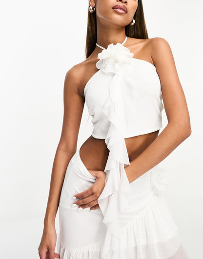 ASOS DESIGN halter neck corsage crop top co-ord in ivory