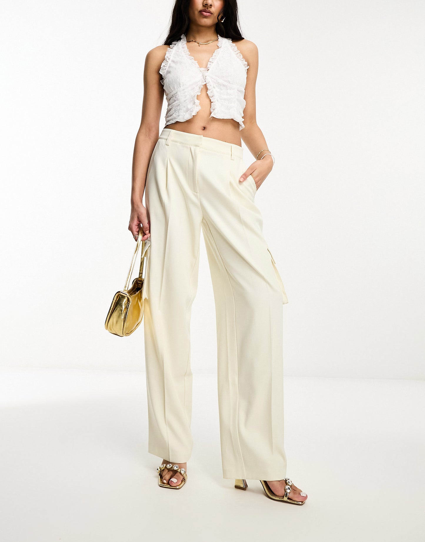 NA-KD pleat detail cargo tailored trousers in off white