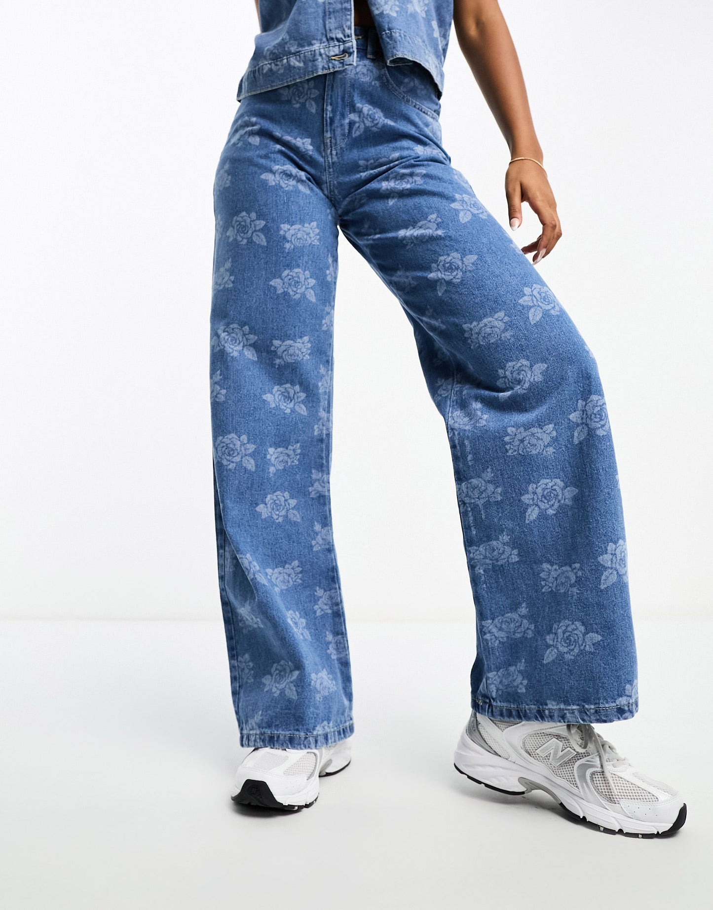 Vero Moda wide leg jeans co-ord with washed print in blue