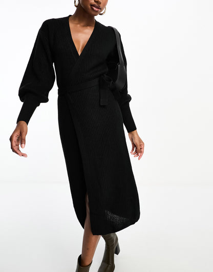 In The Style exclusive knitted wrap midi jumper dress in black