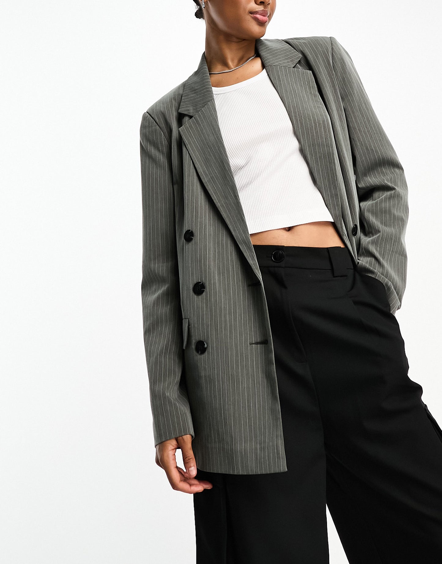 ASOS DESIGN Tall double breasted blazer in grey pinstripe