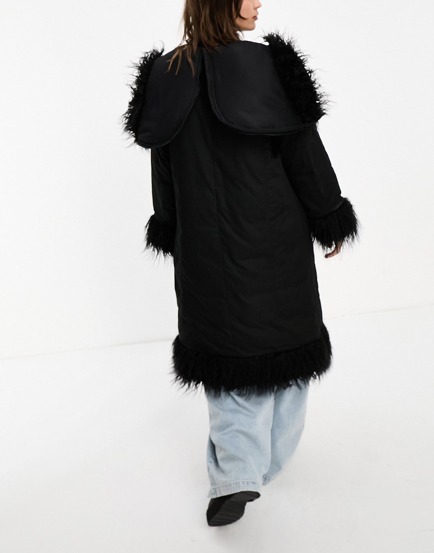 Reclaimed Vintage longline puffer jacket coat with hood and fur trim in black