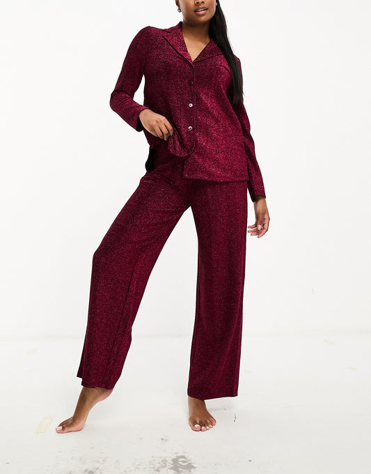 ASOS DESIGN Petite glitter shirt & trouser pyjama set in pink