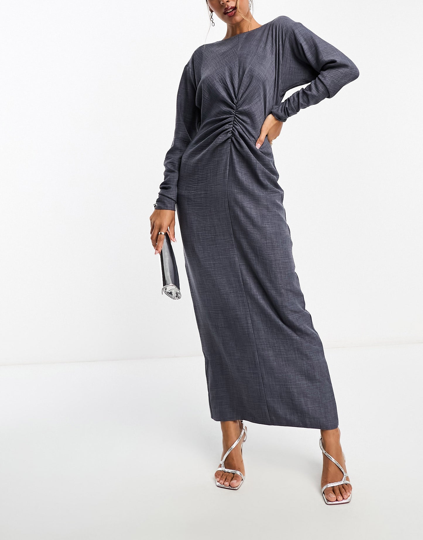 ASOS DESIGN long sleeve maxi dress with ruching detail in washed navy