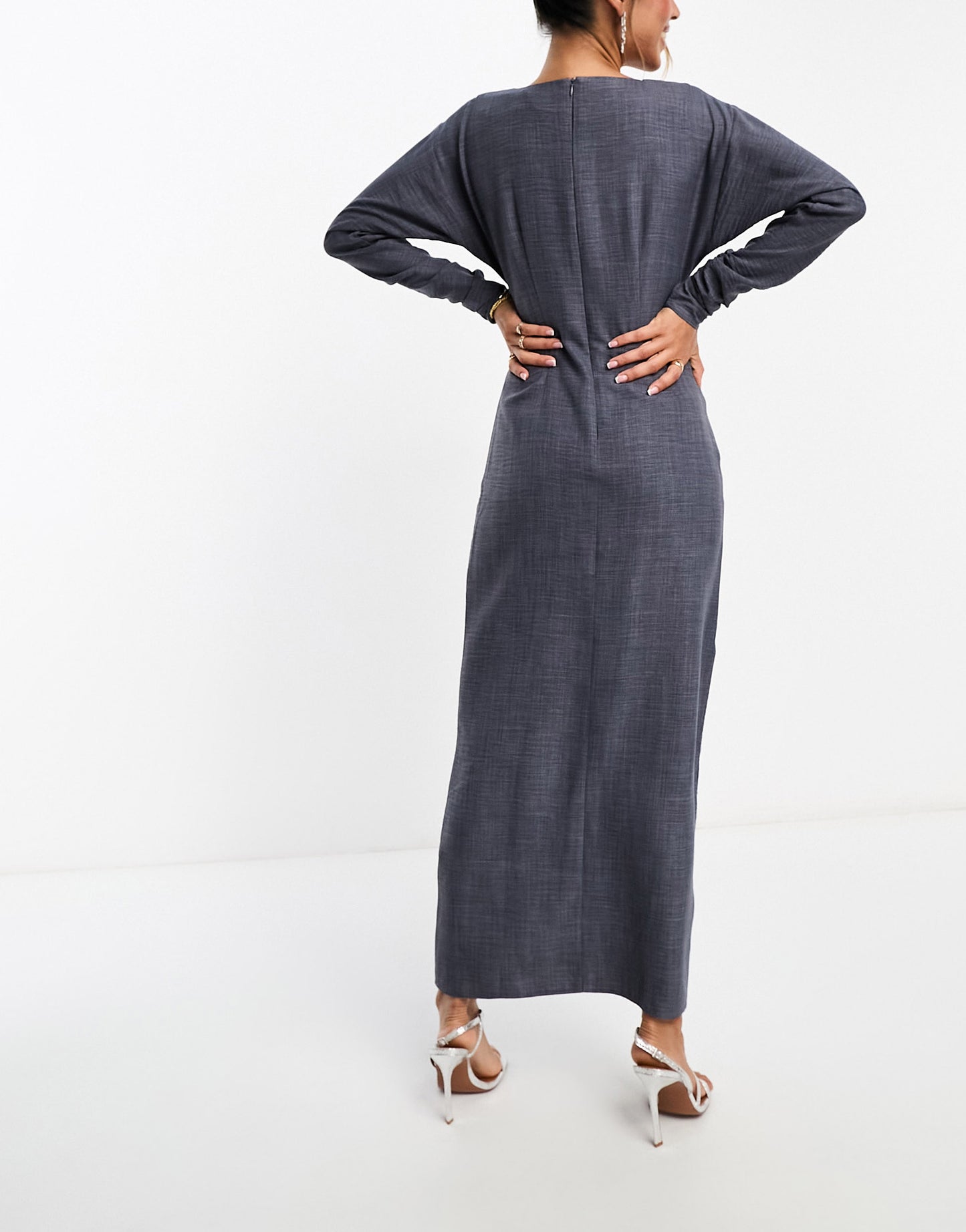 ASOS DESIGN long sleeve maxi dress with ruching detail in washed navy