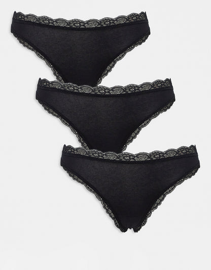 Lindex Emelia 3-pack lace edge thong in black