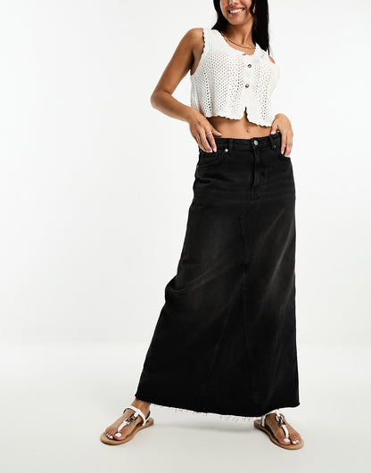 Monki denim maxi skirt in washed black