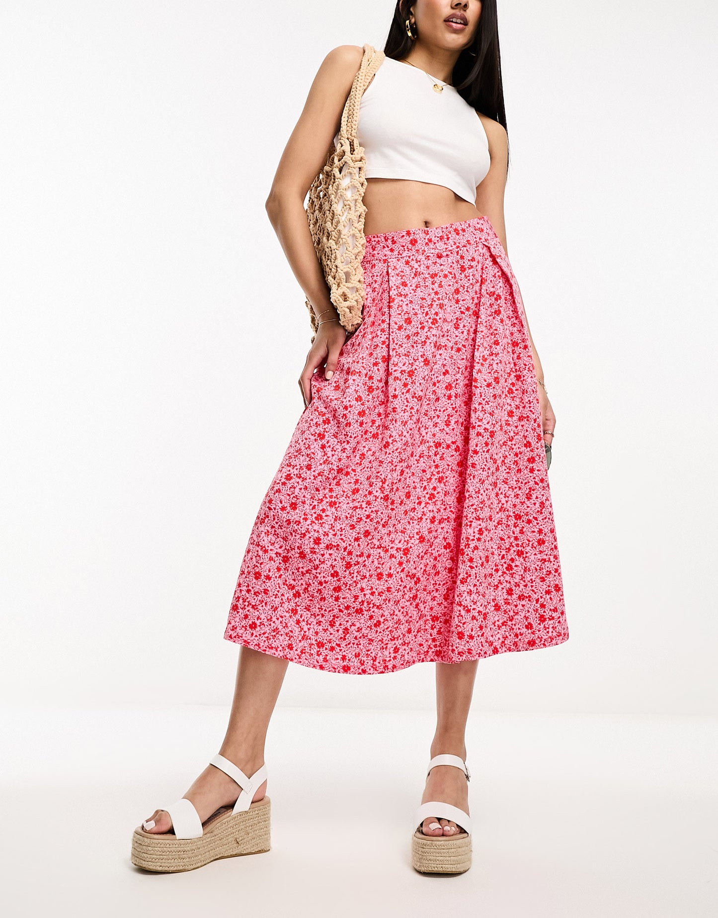 Monki button through midi skirt in pink ditsy floral print