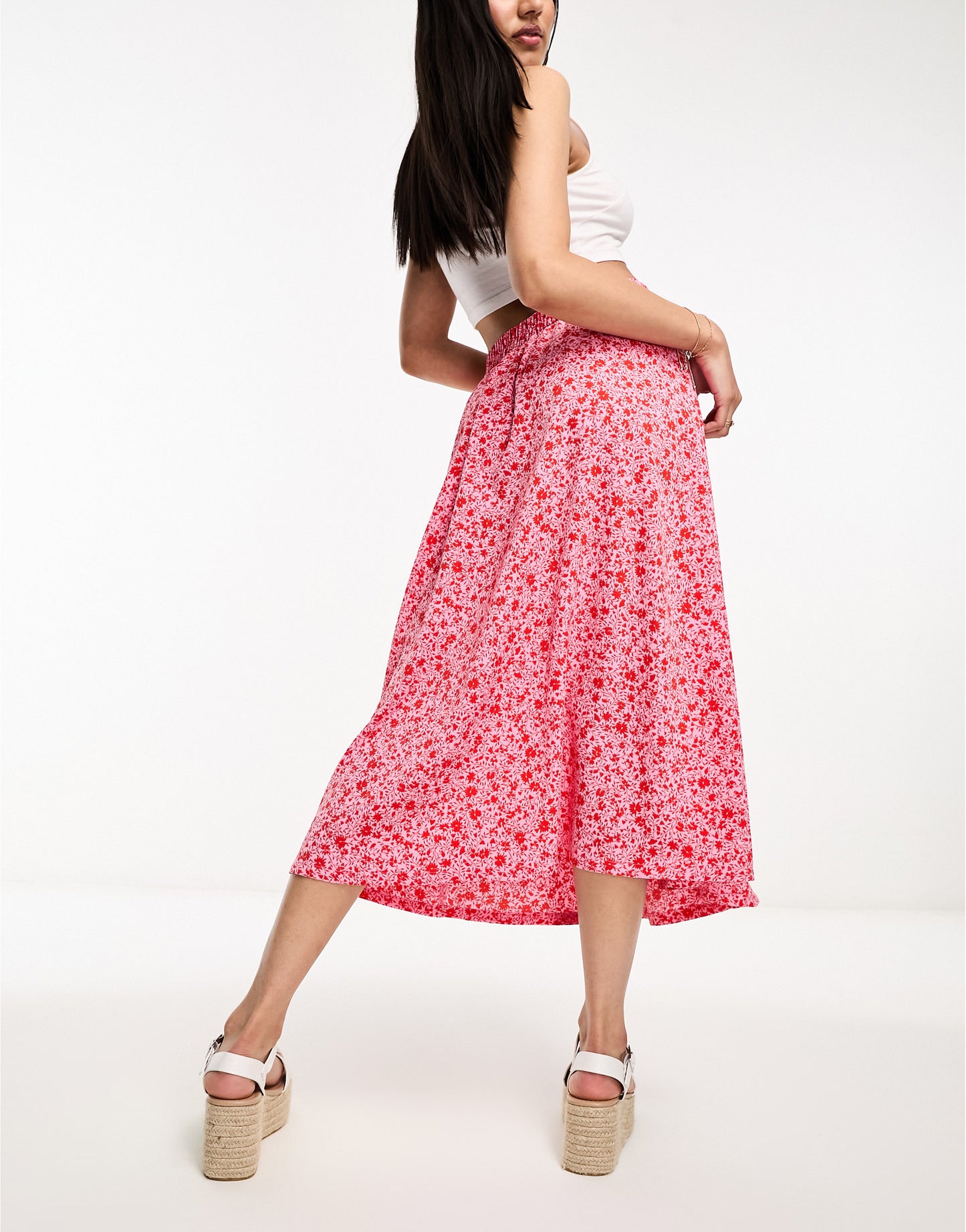 Monki button through midi skirt in pink ditsy floral print