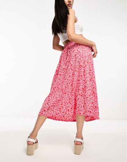 Monki button through midi skirt in pink ditsy floral print