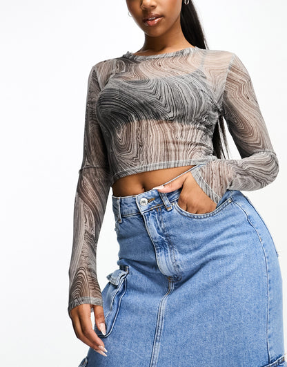 Monki long sleeve crop top in grey swirl print