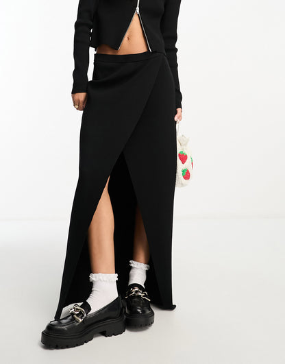 Monki co-ord rib knit maxi skirt in black