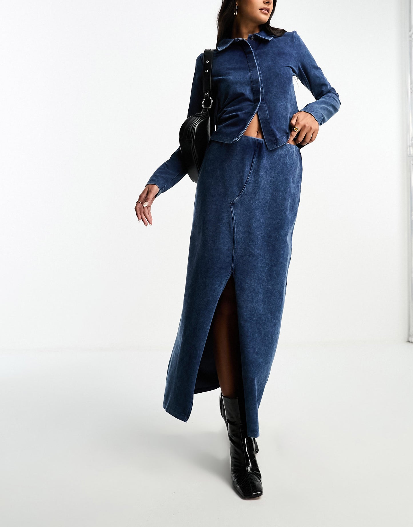 ASOS DESIGN column maxi skirt co-ord in washed denim blue