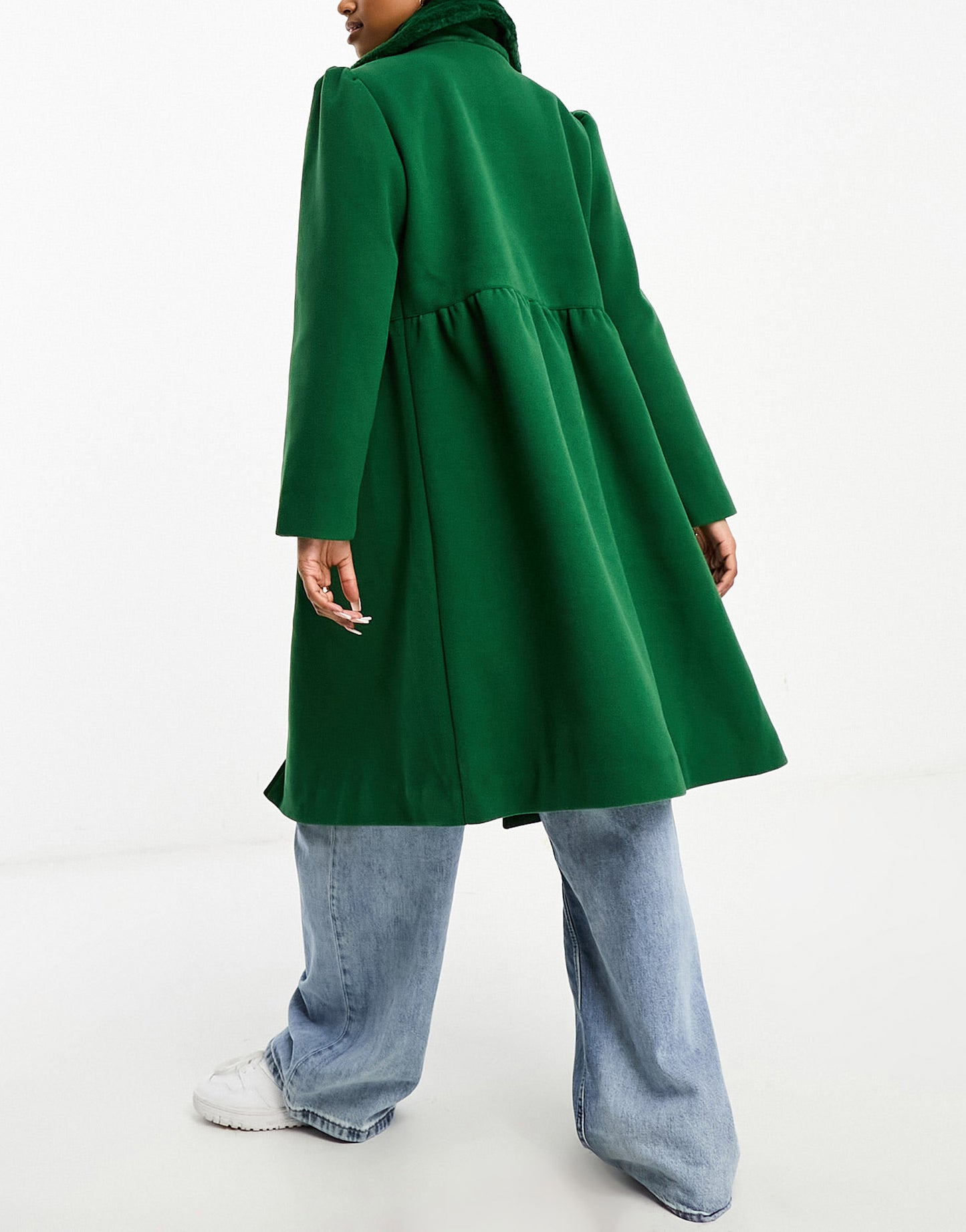 Neon Rose faux fur collar detail princess coat in deep green