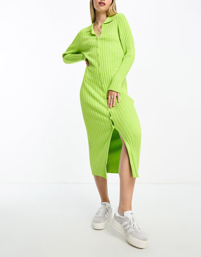 Monki rib knit polo maxi dress in green