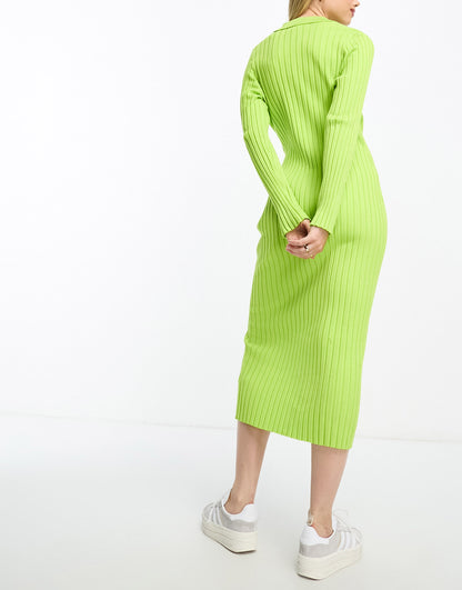 Monki rib knit polo maxi dress in green