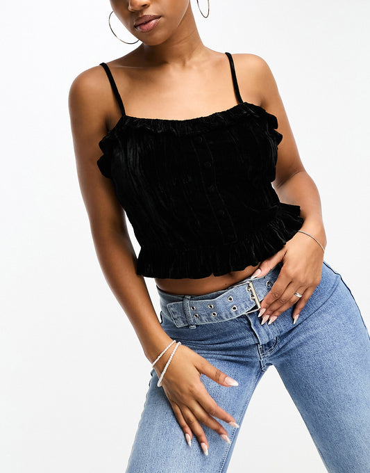 Miss Selfridge velvet ruffle cami top in black