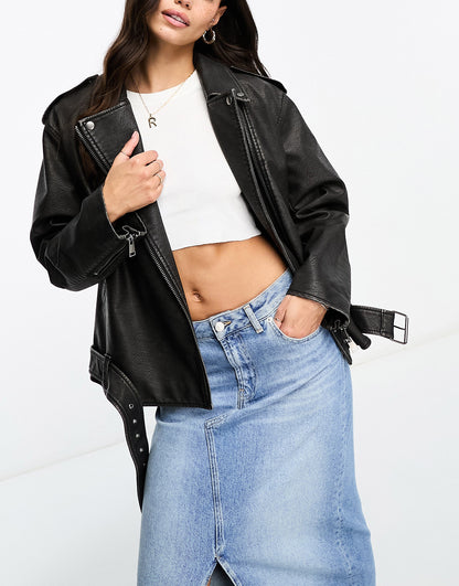 Miss Selfridge washed faux leather oversized biker jacket in black wash