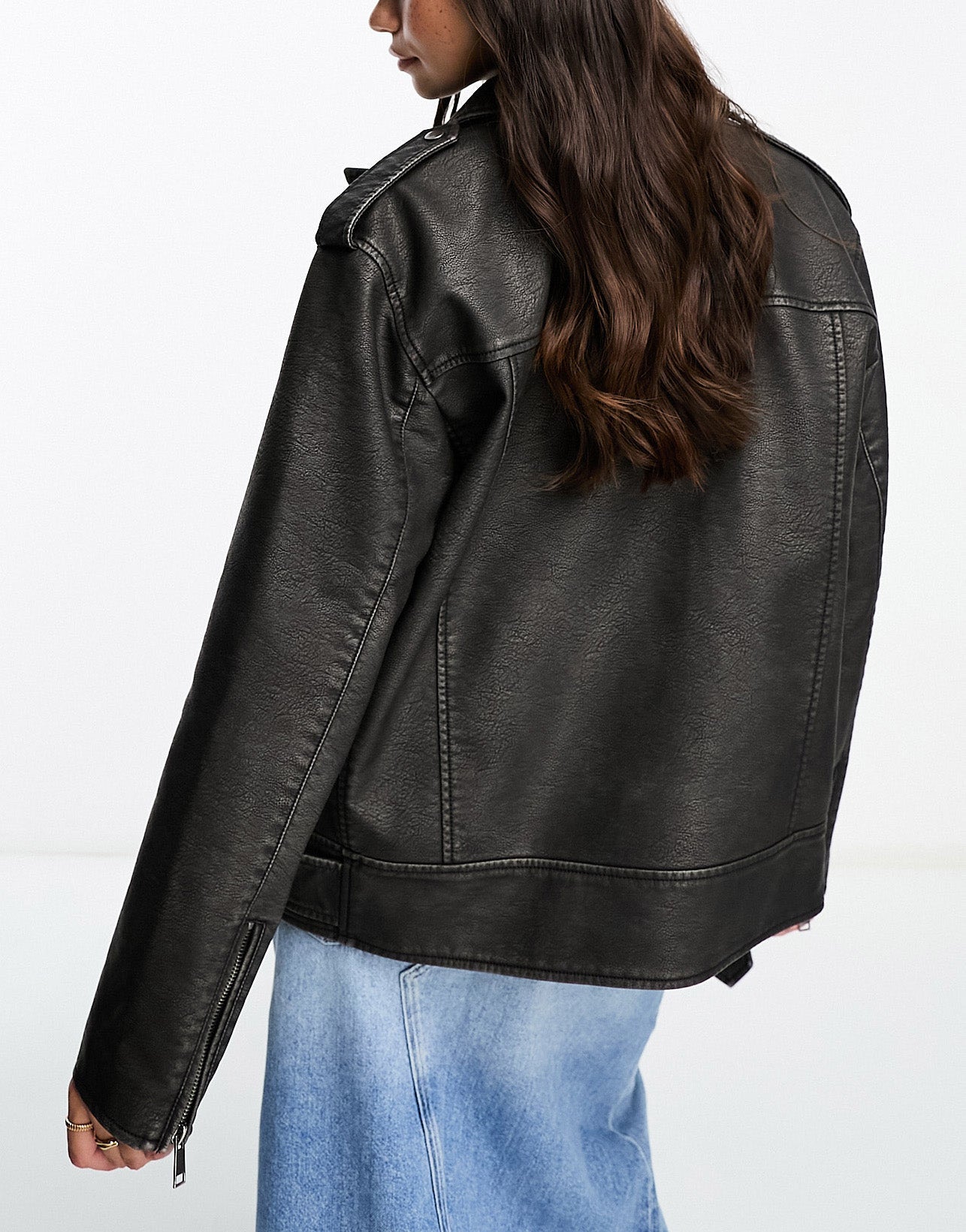 Miss Selfridge washed faux leather oversized biker jacket in black wash