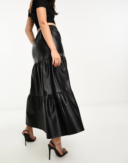 Miss Selfridge faux leather tiered maxi skirt in black