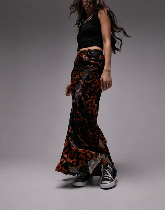 Topshop satin ink animal front fishtail skirt in multi