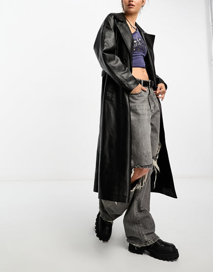 ONLY faux leather belted trenchcoat in black