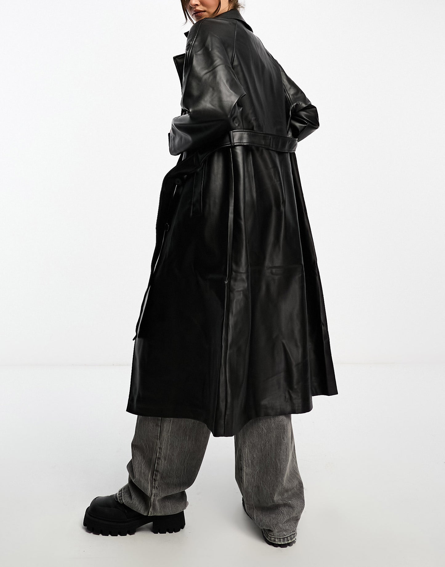 ONLY faux leather belted trenchcoat in black