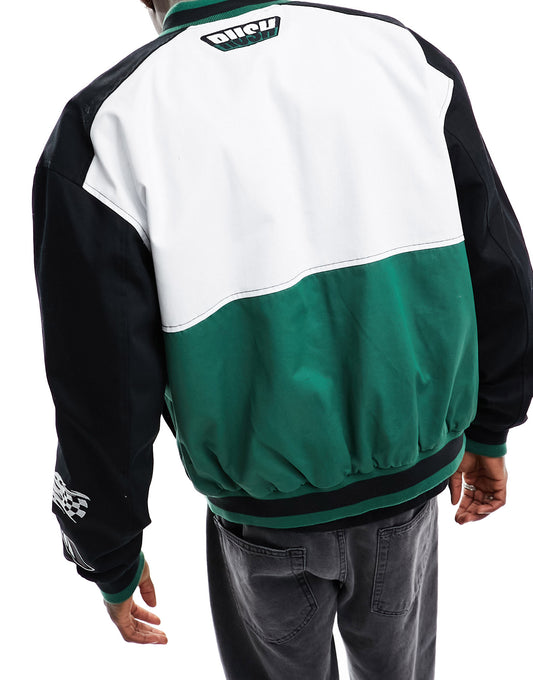 ASOS DESIGN oversized motocross bomber jacket in green