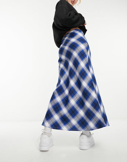 Wednesday's Girl bias cut tartan check midaxi skirt in blue