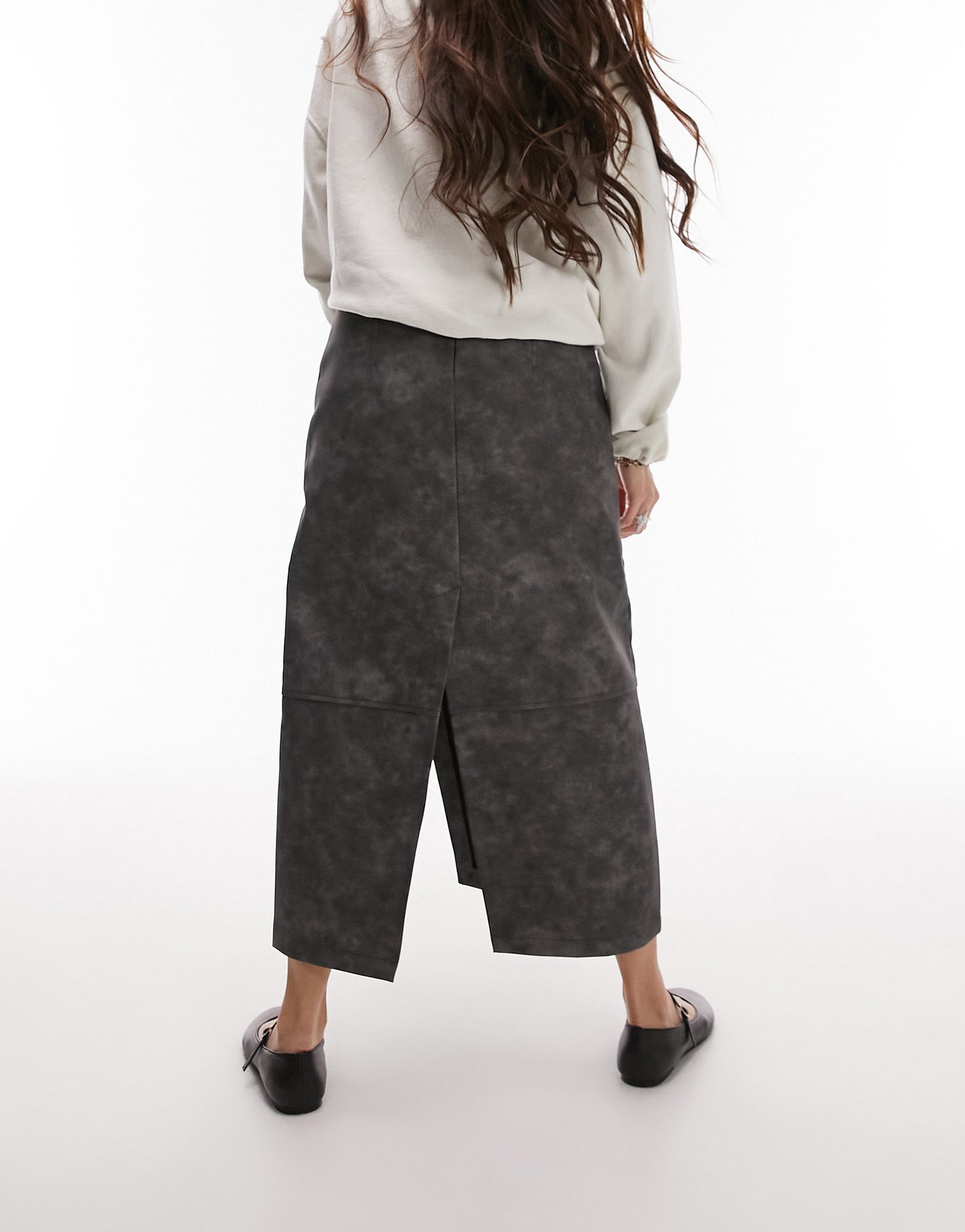 Topshop leather look split seam midi skirt in distressed grey