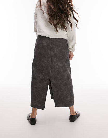 Topshop leather look split seam midi skirt in distressed grey