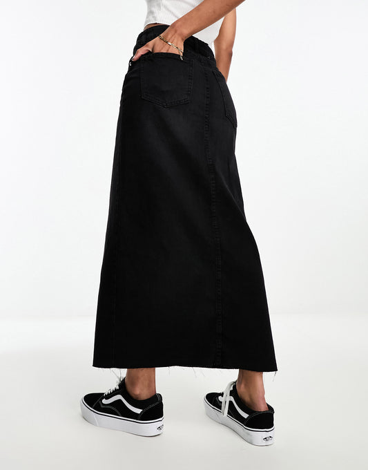 Bershka raw hem split hem denim midi skirt in black