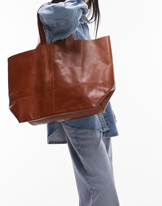 Topshop Lucy leather oversized tote bag in tan