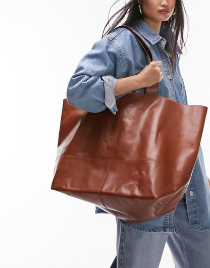 Topshop Lucy leather oversized tote bag in tan