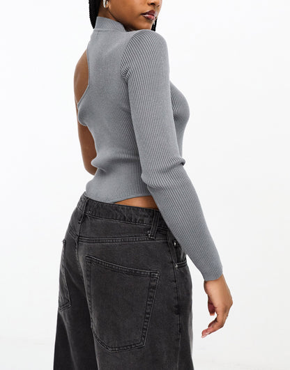 Simmi one shoulder knitted cut out body in charcoal