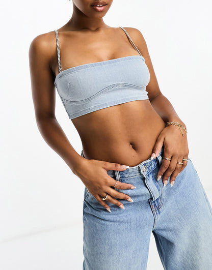 Bershka denim strappy bra top with rhinestone detail